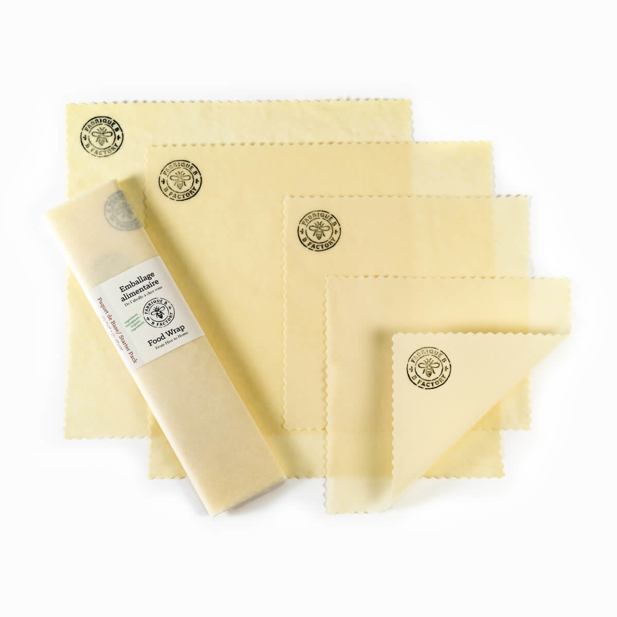 Pack of 4 reusable beeswax wraps with B Factory logo: 2 small beeswax wraps, 2 medium beeswax wraps