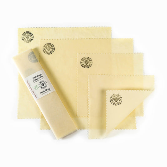 Pack of 4 reusable beeswax wraps with B Factory logo: 2 small beeswax wraps, 2 medium beeswax wraps