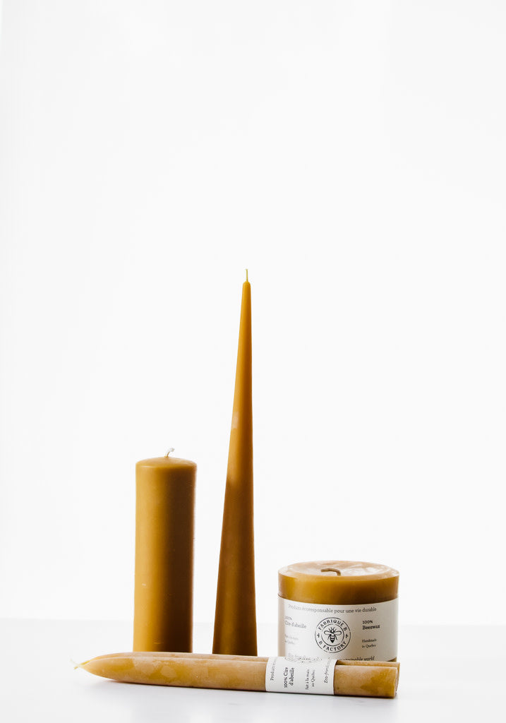 B Factory eco-friendly beeswax candles: 1 slim pillar candle, 1 tall cone candle, 2 taper candles, and 1 pillar candle