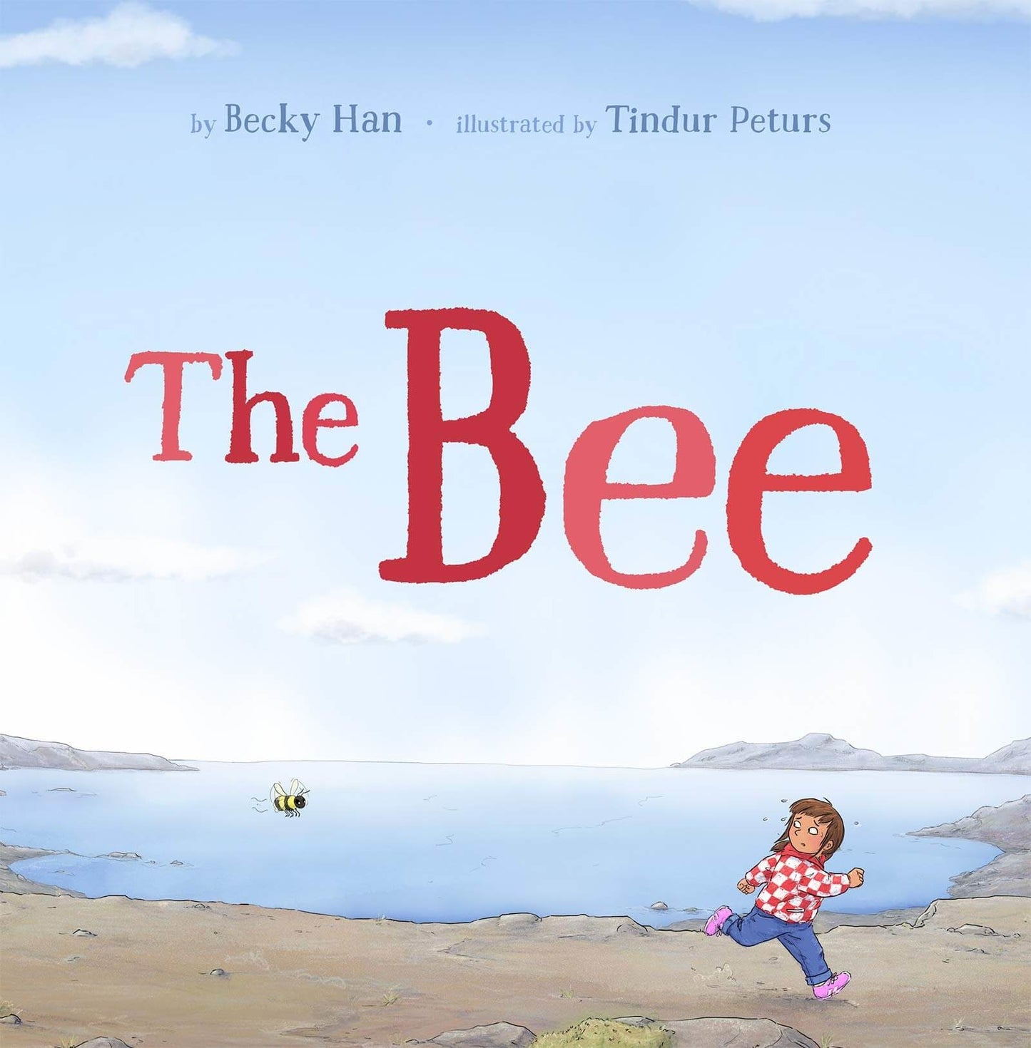 The Bee Book with illustration of little girl running from a bee around a lake