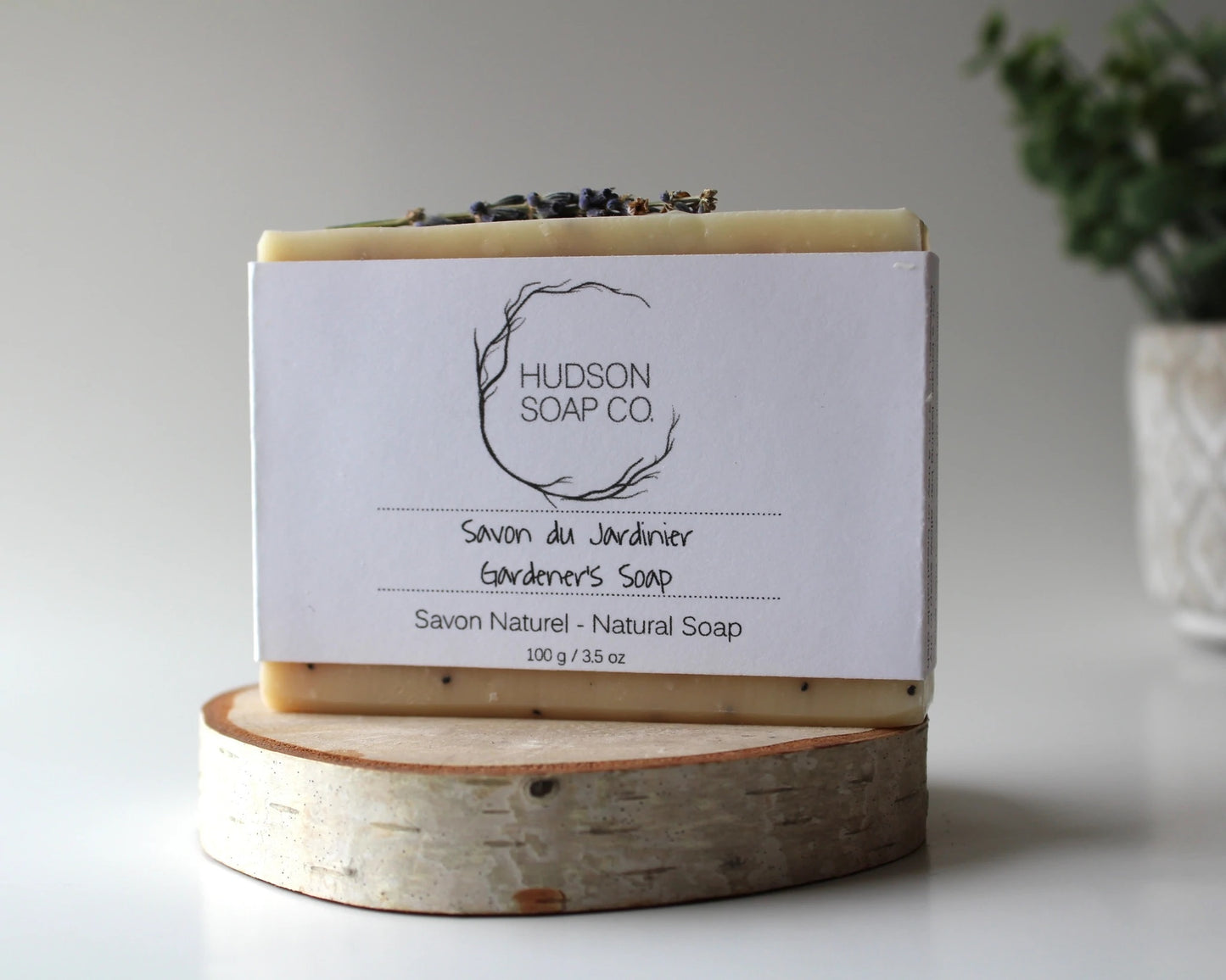 Handmade natural exfoliant soap bar in Hudson Soap Co. white packaging