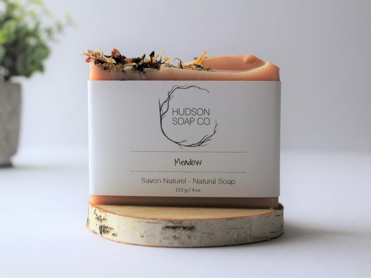 Handmade natural floral soap bar in Hudson Soap Co. white packaging