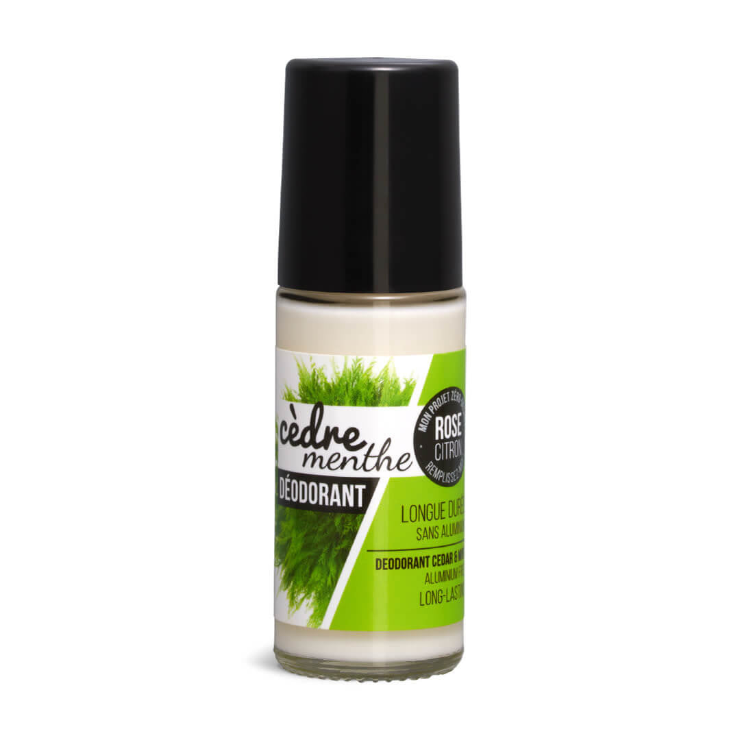 30 ml natural roll-on deodorant in glass bottle, cedar mint-scented