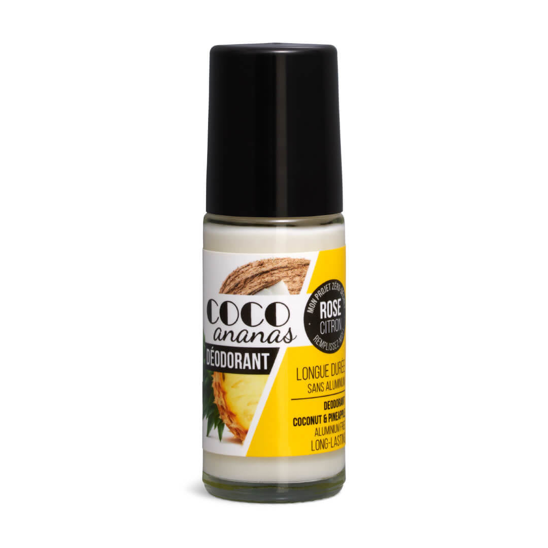 30 ml natural roll-on deodorant in glass bottle, coconut pineapple-scented